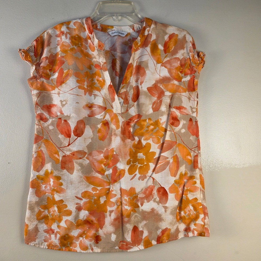 PrettyGarden Womens Floral V-Neck Short Sleeve Blouse Orange Tan White Small